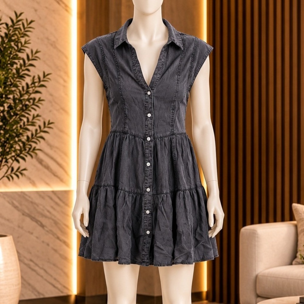 Elan Womens Dress Sleeveless Tencel Button Down Tiered Gray XS